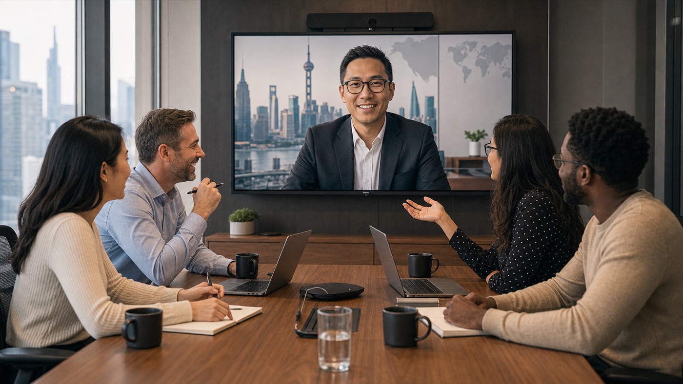A diverse team meeting by video with an international colleague over a global skyline — cross-border collaboration across languages.