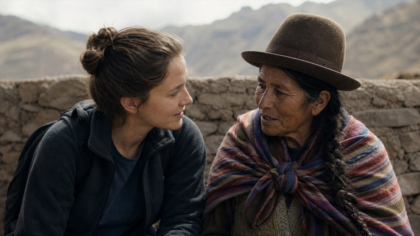 A volunteer in warm conversation with a local elder in a mountain community — outreach built on genuine, face-to-face connection.