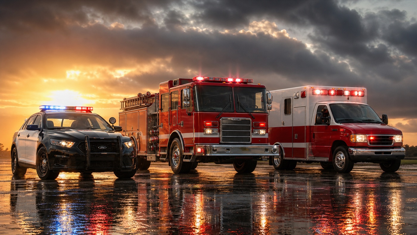 A police cruiser, fire engine, and ambulance lined up at dusk — the first-responder teams Synapse helps serve diverse communities.